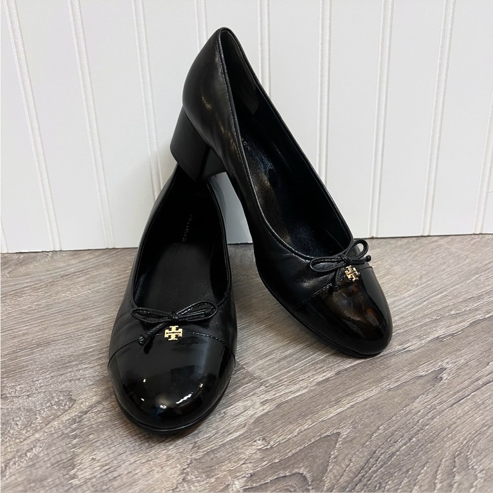 TORY BURCH Mixed Black Leather Cap-Toe Ballerina Block Pumps Size 7 - Picture 3 of 14